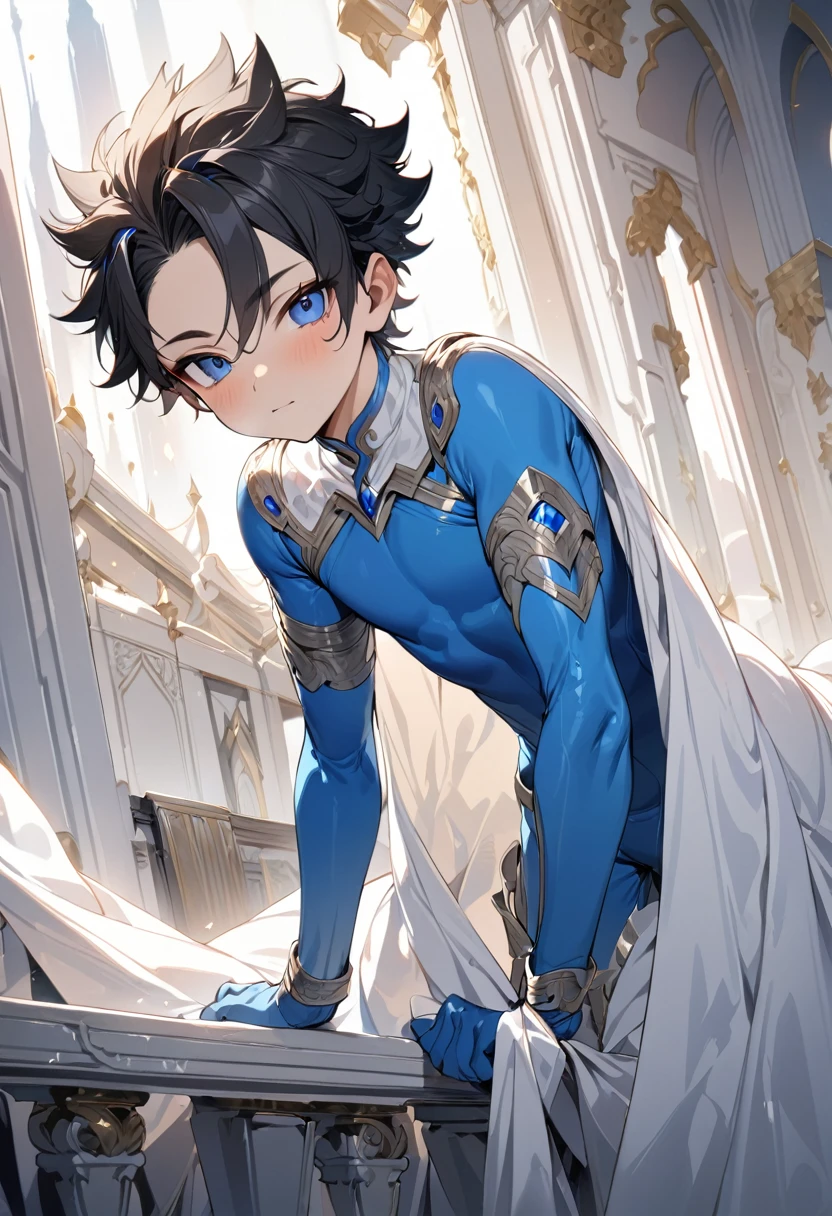 high quality,(best quality,4K,a high resolution,masterpiece:1.2),super detailed,(1 boy),(solo),juvenile,(Male juvenile),handsome and cute boy,black hair, spiked hair,blue bodysuit ,Single photo,the white temple of light,magnificent palace background,Wearing a white cape behind