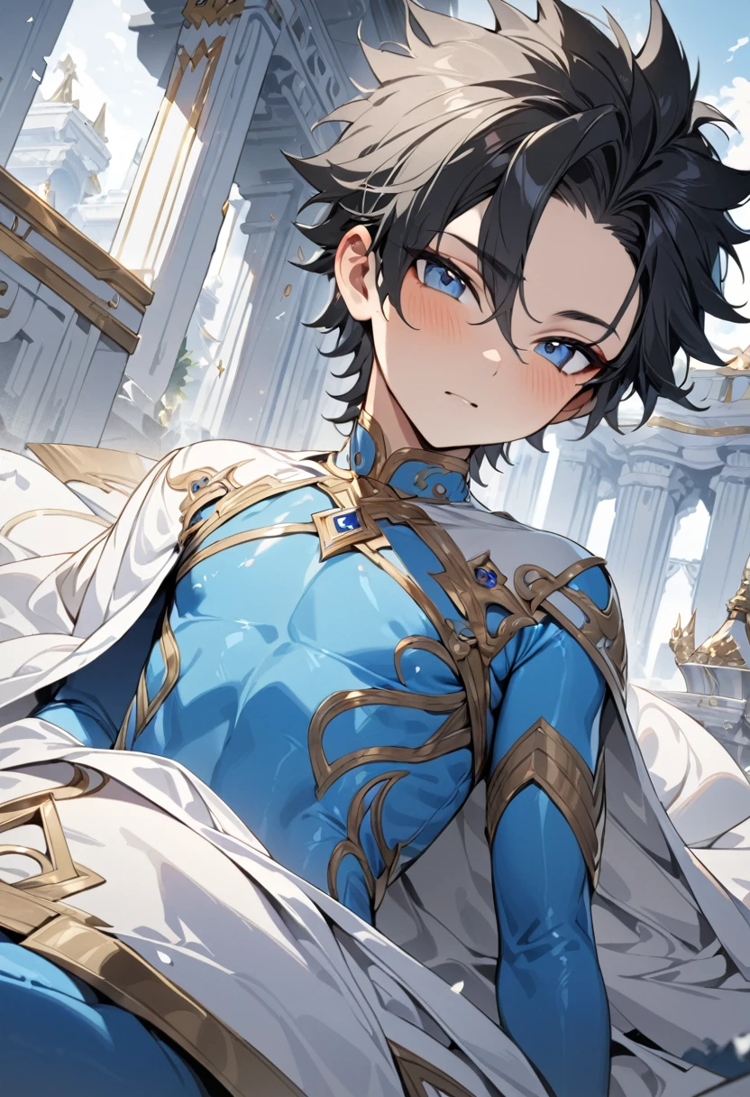 high quality,(best quality,4K,a high resolution,masterpiece:1.2),super detailed,(1 boy),(solo),juvenile,(Male juvenile),handsome and cute boy,black hair, spiked hair,blue bodysuit ,Single photo,the white temple of light,magnificent palace background,Wearing a white cape behind