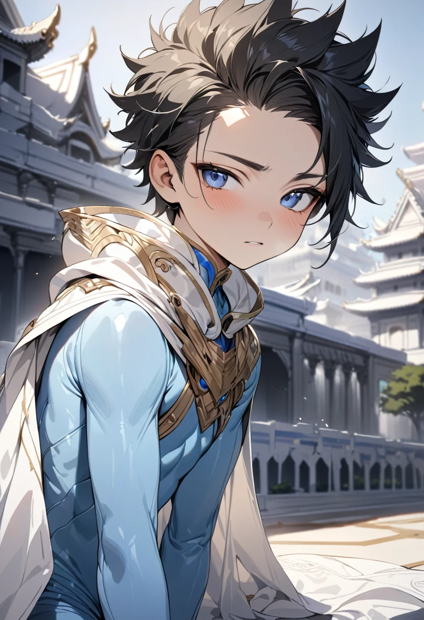 high quality,(best quality,4K,a high resolution,masterpiece:1.2),super detailed,(1 boy),(solo),juvenile,(Male juvenile),handsome and cute boy,black hair, spiked hair,blue bodysuit ,Single photo,the white temple of light,magnificent palace background,Wearing a white cape behind