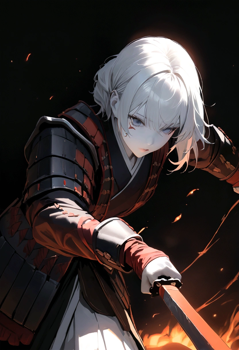 Highest image quality, masterpiece, super high resolution, (reality 1.4), raw photo, Mitsuhide Akechi, black body, holding a sword with both arms and swinging it down at the opponent, background with a burning temple behind the dark character, solo , Japanese armor, white hair, white skin, red tattoos on both cheeks, dark background with blue-white light in the background, deep shadows, low key, cold light 12000K