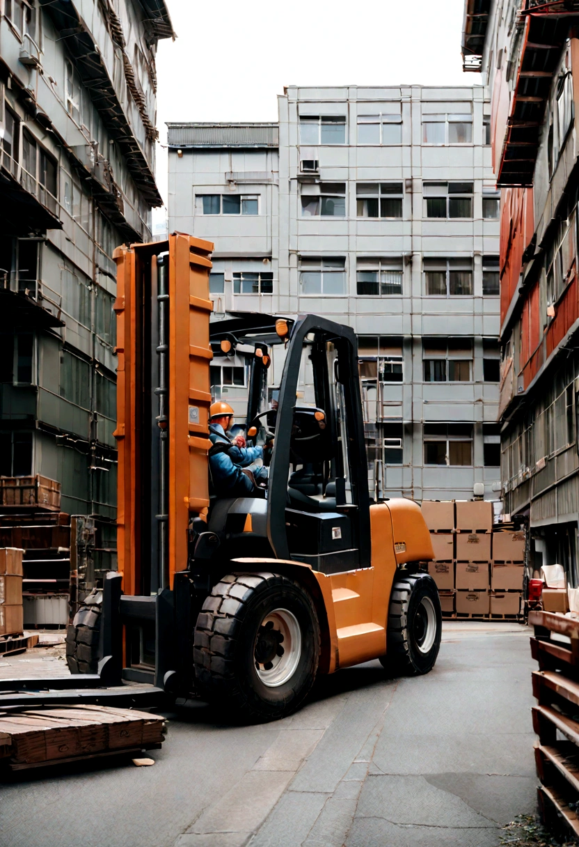 A forklift is parked in front of the building, photo taken in 2018, shipping containers, high quality photo, 


