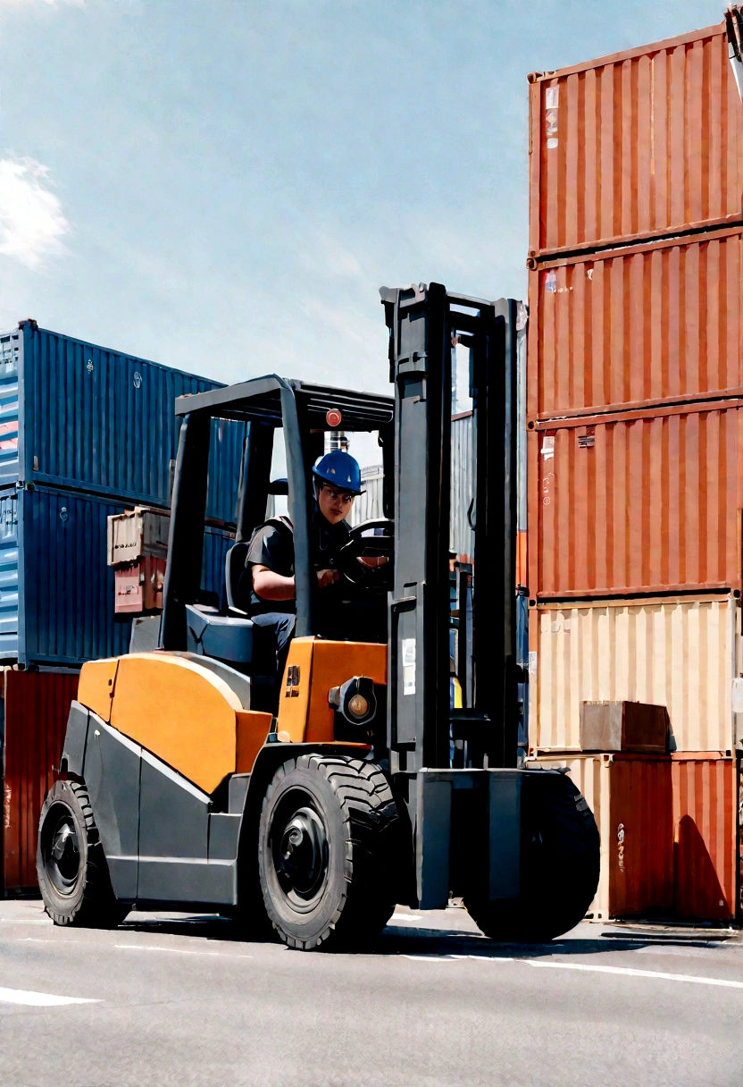 A forklift is parked in front of the building, photo taken in 2018, shipping containers, high quality photo,