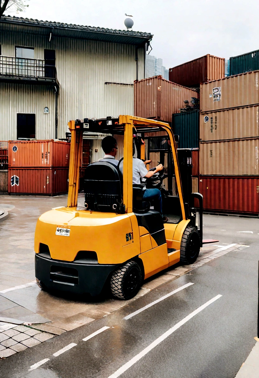 A forklift is parked in front of the building, photo taken in 2018, shipping containers, high quality photo,
