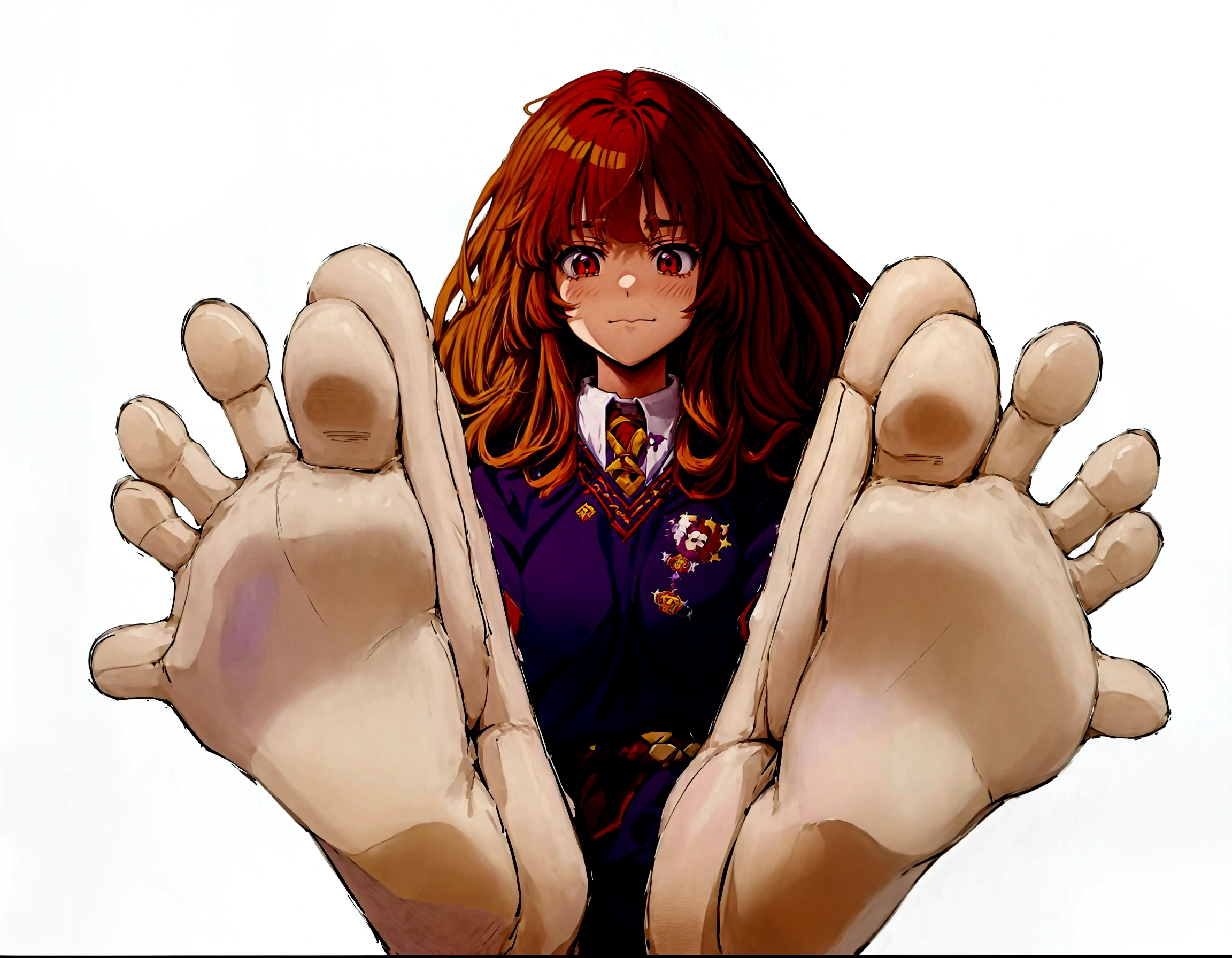 Anime girl with long red hair and purple shirt raising her hands, Hermione, Hermione granger, With index finger, Created by Anime Painter Studio, I also make fan art, Female protagonist 👀 :8, Anime girl crouching, On pixiv, Detailed Anime Character Art, Anime Moe Art Style, Painted in an anime artist&#39;s studio, Digital anime art!!, Anime illustration