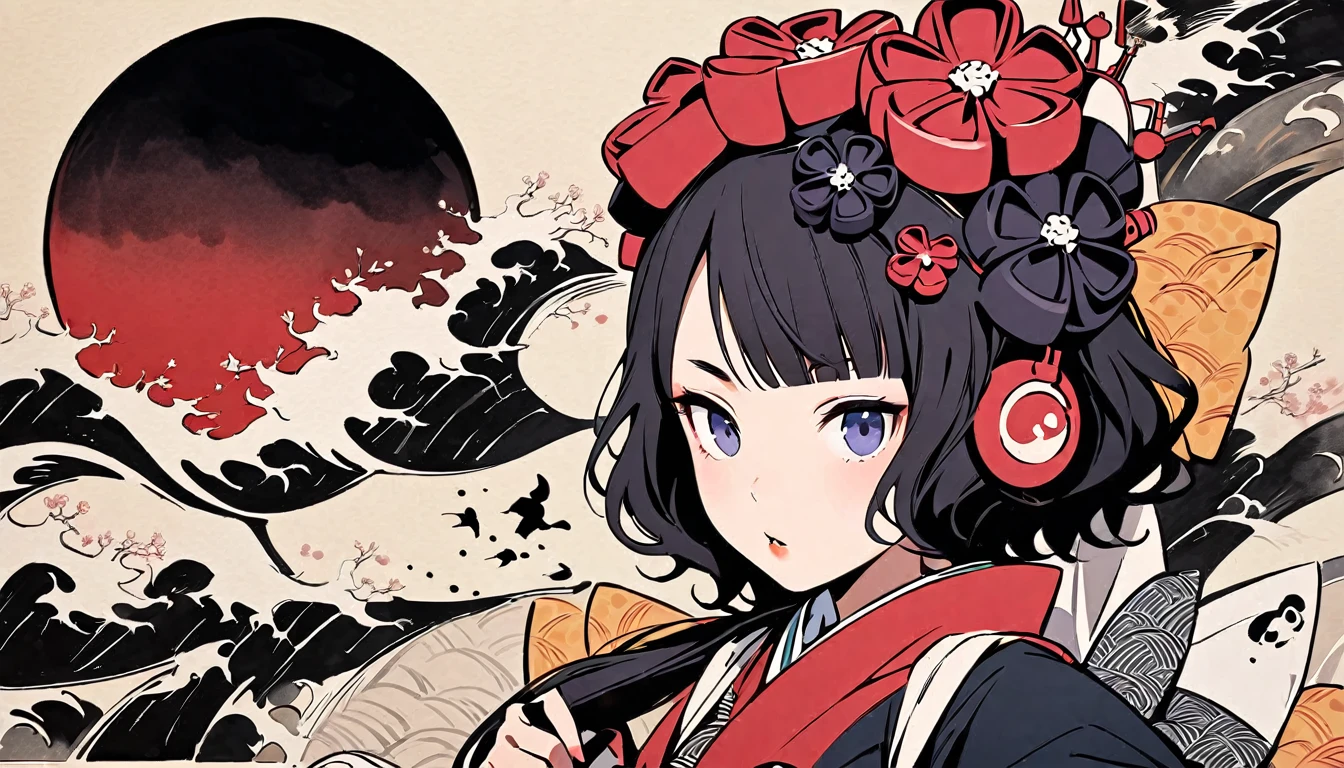 (((Highest quality))), (((Katsushika Hokusai))), (((Ink Painting))), ((very straight longhair)), ((1 girl)), ((cherry blossoms)), ((beautiful girl)), Japanese style headphones, Black Hair, Delicate and precise, Modern ukiyo-e style, skull