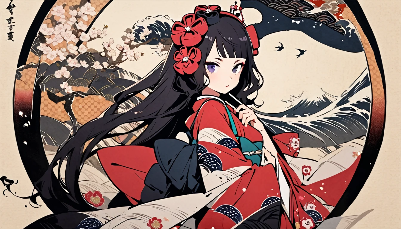 (((Highest quality))), (((Katsushika Hokusai))), (((Ink Painting))), ((very straight longhair)), ((1 girl)), ((cherry blossoms)), ((beautiful girl)), Japanese style headphones, Black Hair, Delicate and precise, Modern ukiyo-e style, skull