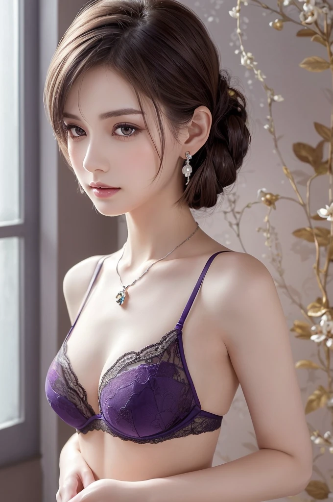 darkpurple lace thong bra, (((Very elegant and beautiful, Perfect detail, Super detailed))), whole body, The most detailed girl, Depth of written boundary, 美しく詳細なwhole body, Thin legs, 1 girl, 30 years old, Very short hair, Spiked Hair, Gray and silver hair, Beautiful detailed hair, Perfect Face, Expressionless, Beautifully detailed deep eyes, Open your mouth a little, Delicate arms and hands, Pale skin, Earrings, Beautiful and gorgeous necklace, Colorful background, HD background, Blurred Background, Very delicate and beautiful, Masterpiece, (((Highest quality, Very beautiful 8K CG wallpaper))), (((Trendy hairstyles))), (Inside the room,Stylish interior,window),