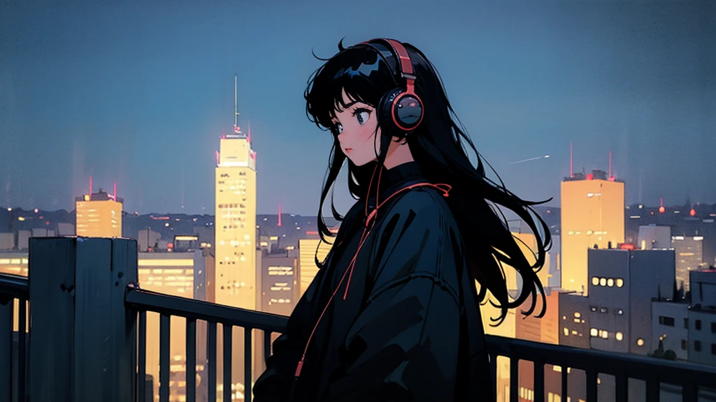 Black long Hair, Black Clothing, One Adult Woman Looking Sideways ,Blue headphones、 City of night, Delicate background、Masterpiece、Night Town、night、dark、Nostalgic、