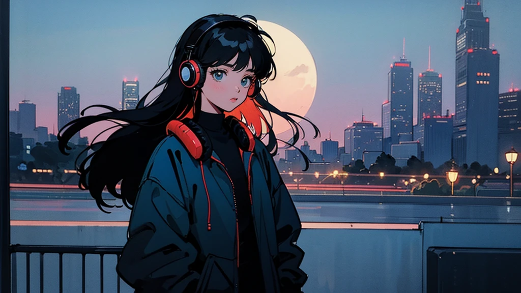 Black long Hair, Black Clothing, One Adult Woman Looking Sideways ,Blue headphones、 City of night, Delicate background、Masterpiece、Night Town、night、dark、Nostalgic、