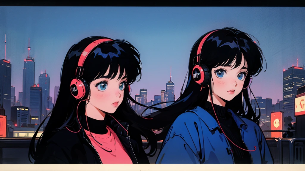 Black long Hair, Black Clothing, One Adult Woman Looking Sideways ,Blue headphones、 City of night, Delicate background、Masterpiece、Night Town、night、dark、Nostalgic、