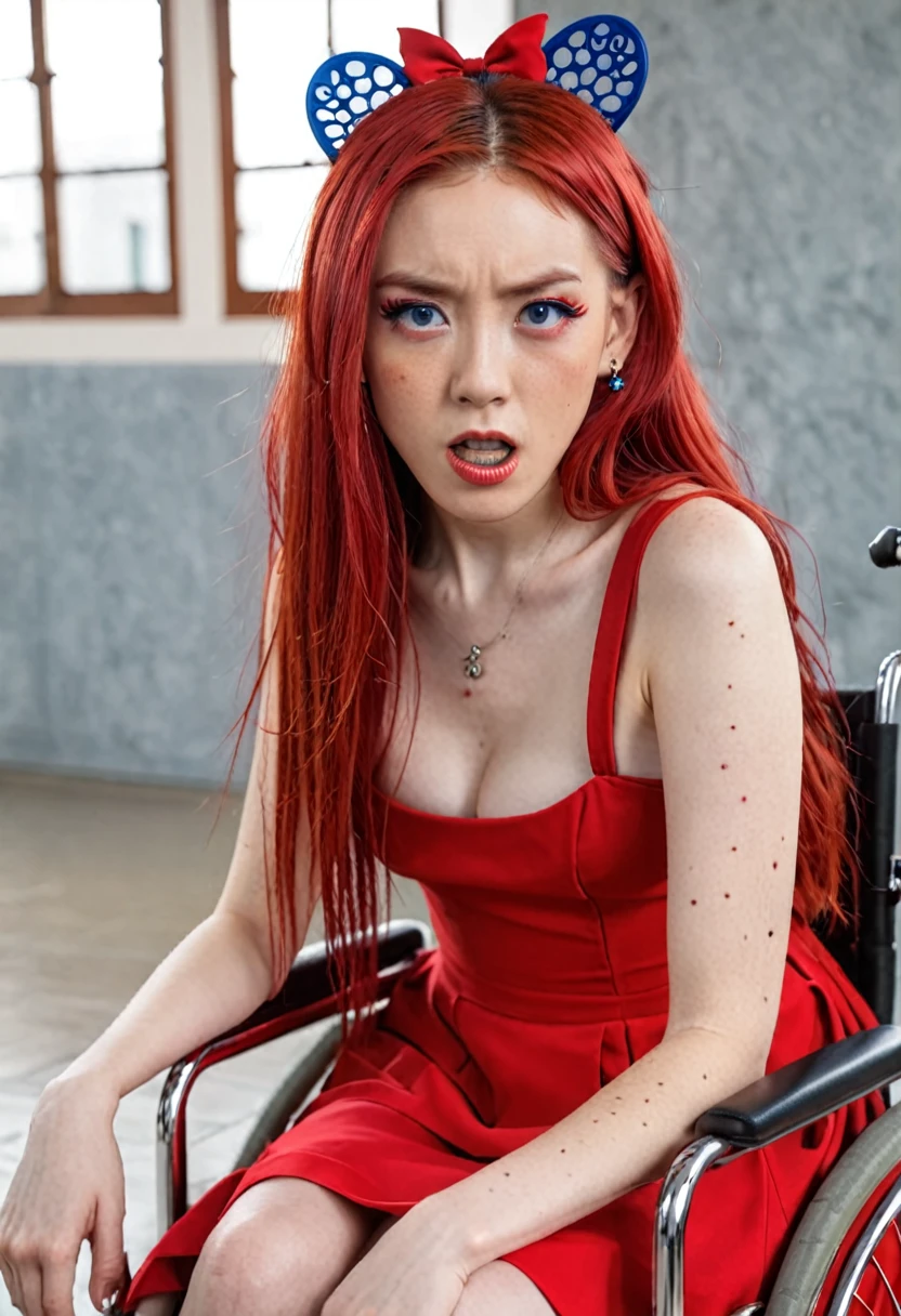 Uhd, photo of Cami, subject: Noriko, 1/2 Japanese 1/2 Hainu skinny girl in 2/00 a large red wheelchair with long red hair, blue+++ eyes, oval face, LGBTQIA+, queer, punk style, wearing red long dress, buttefly hairclip, tattooes.  She is very angry and looks towards the camera.. She is shouting.