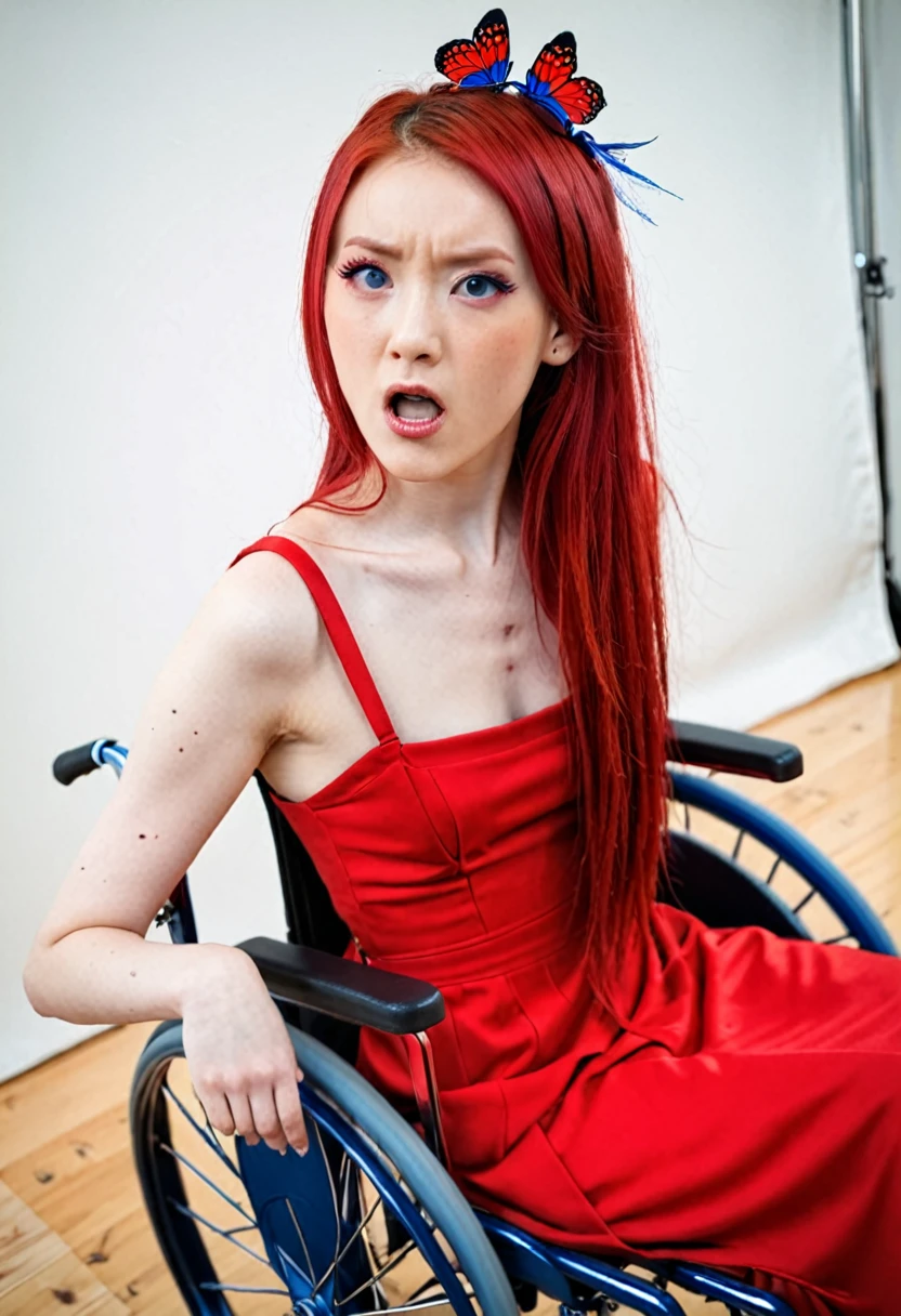 Uhd, photo of Cami, subject: Noriko, 1/2 Japanese 1/2 Hainu skinny girl in 2/00 a large red wheelchair with long red hair, blue+++ eyes, oval face, LGBTQIA+, queer, punk style, wearing red long dress, buttefly hairclip, tattooes. She is very angry and looks towards the camera.. She is shouting.