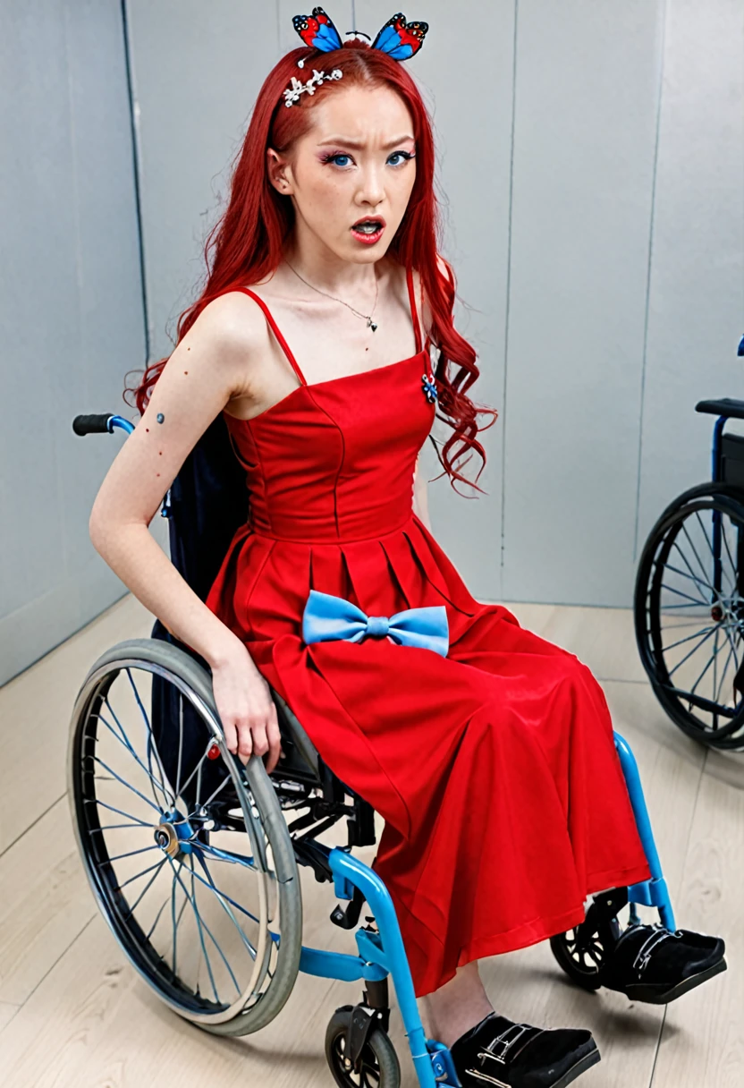 Uhd, photo of Cami, subject: Noriko, 1/2 Japanese 1/2 Hainu skinny girl in 2/00 a large red wheelchair with long red hair, blue+++ eyes, oval face, LGBTQIA+, queer, punk style, wearing red long dress, buttefly hairclip, tattooes. She is very angry and looks towards the camera.. She is shouting.
