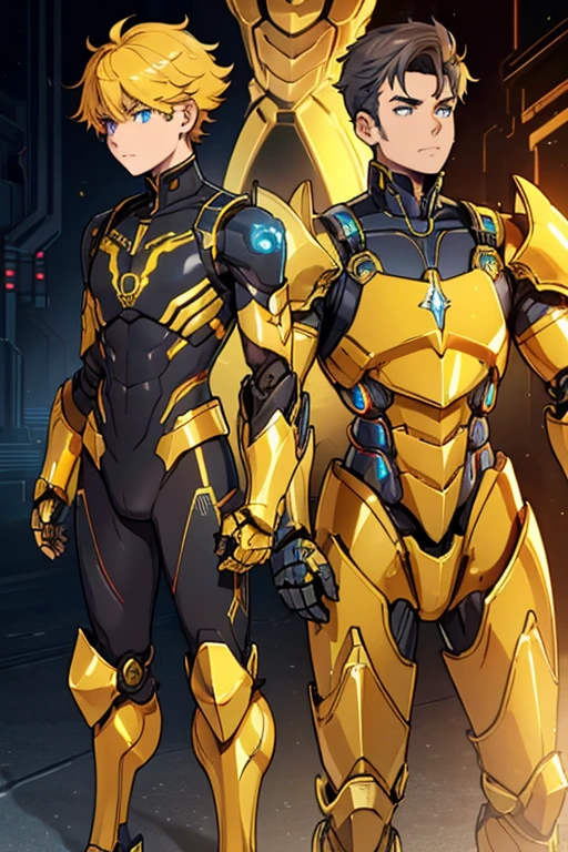 male, golden yellow body, blue eyes, robotic, robot, (((1boy))), (((golden yellow metal armor))), (black clawed cybernetic gauntlets), (black cybernetic boots)