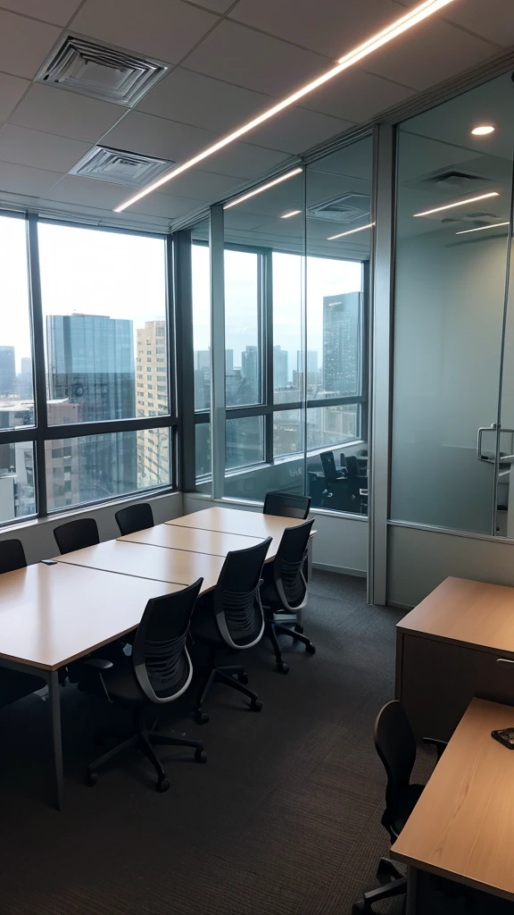High standard corporate office with glass partitions and modern lighting fixtures.