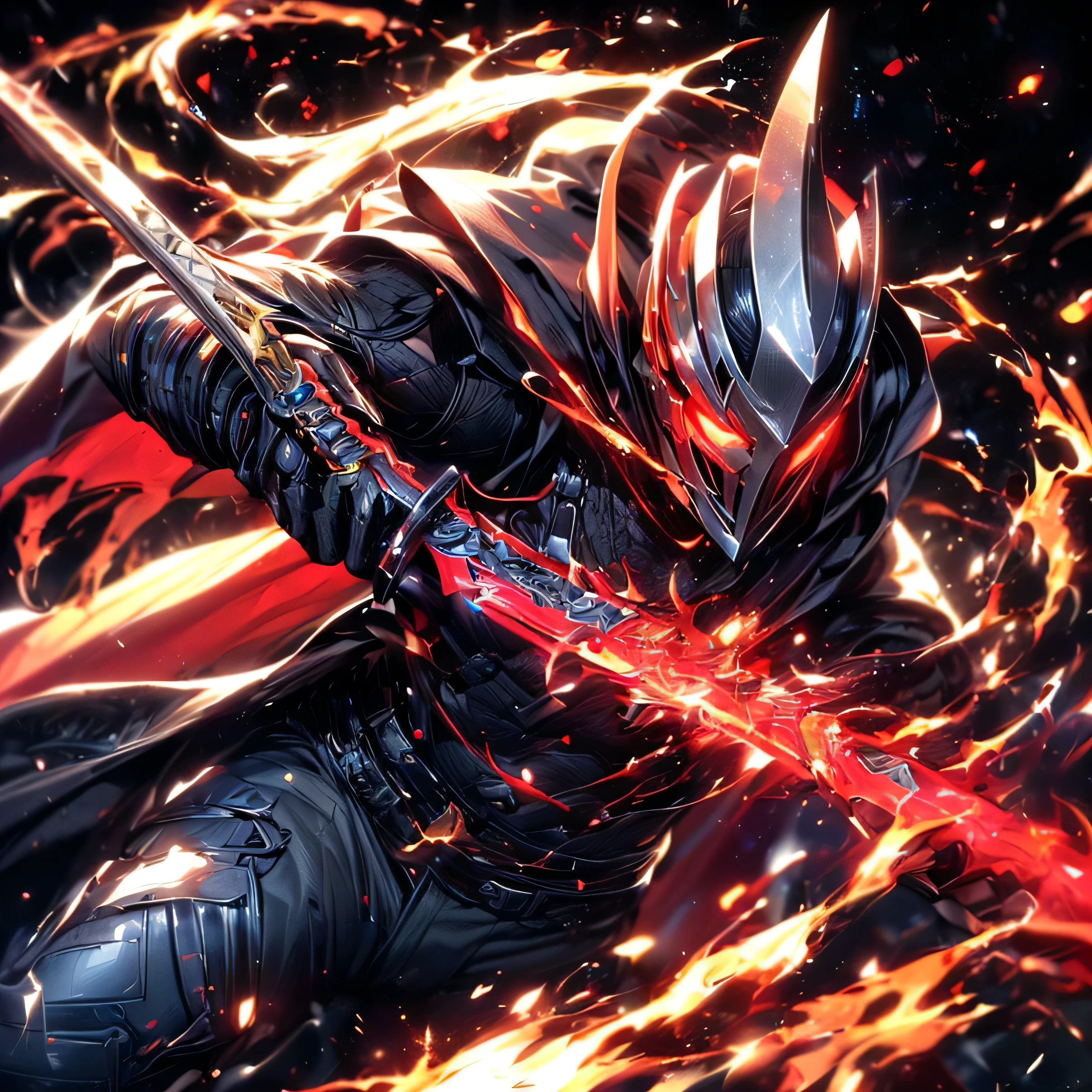 Super realistic, hyper realistic, super detailed, (cybersamurai, 1boy, ((solo)), attacking with red sword, wearing white armor and mask, cape, glowing beautiful red eyes, glow:1.3) (glowing simple black background:1.25),