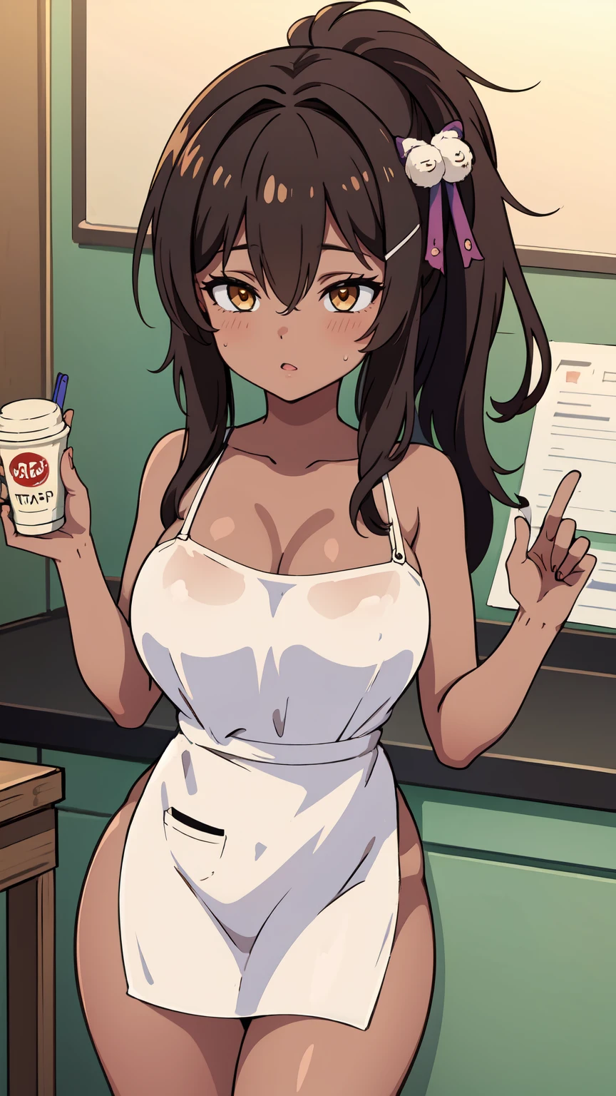 1girl, solo, hair ornament, (naked:1.3), (white apron), large breasts, cleavage, thighs, kitchen background, (blushing:1.3), naga, brown hair, ponytail, golden eyes, dark skin, gal, naga, lewd, she is wet and in sourcream, cream over the face,