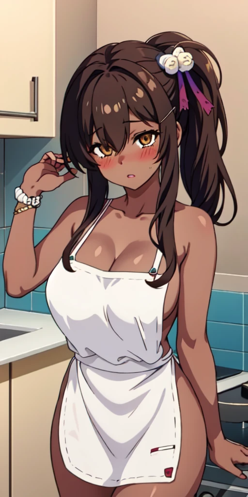 1girl, solo, hair ornament, (naked:1.3), (white apron), large breasts, cleavage, thighs, kitchen background, (blushing:1.3), naga, brown hair, ponytail, golden eyes, dark skin, gal, naga, lewd, she is wet and in sourcream, cream over the face,