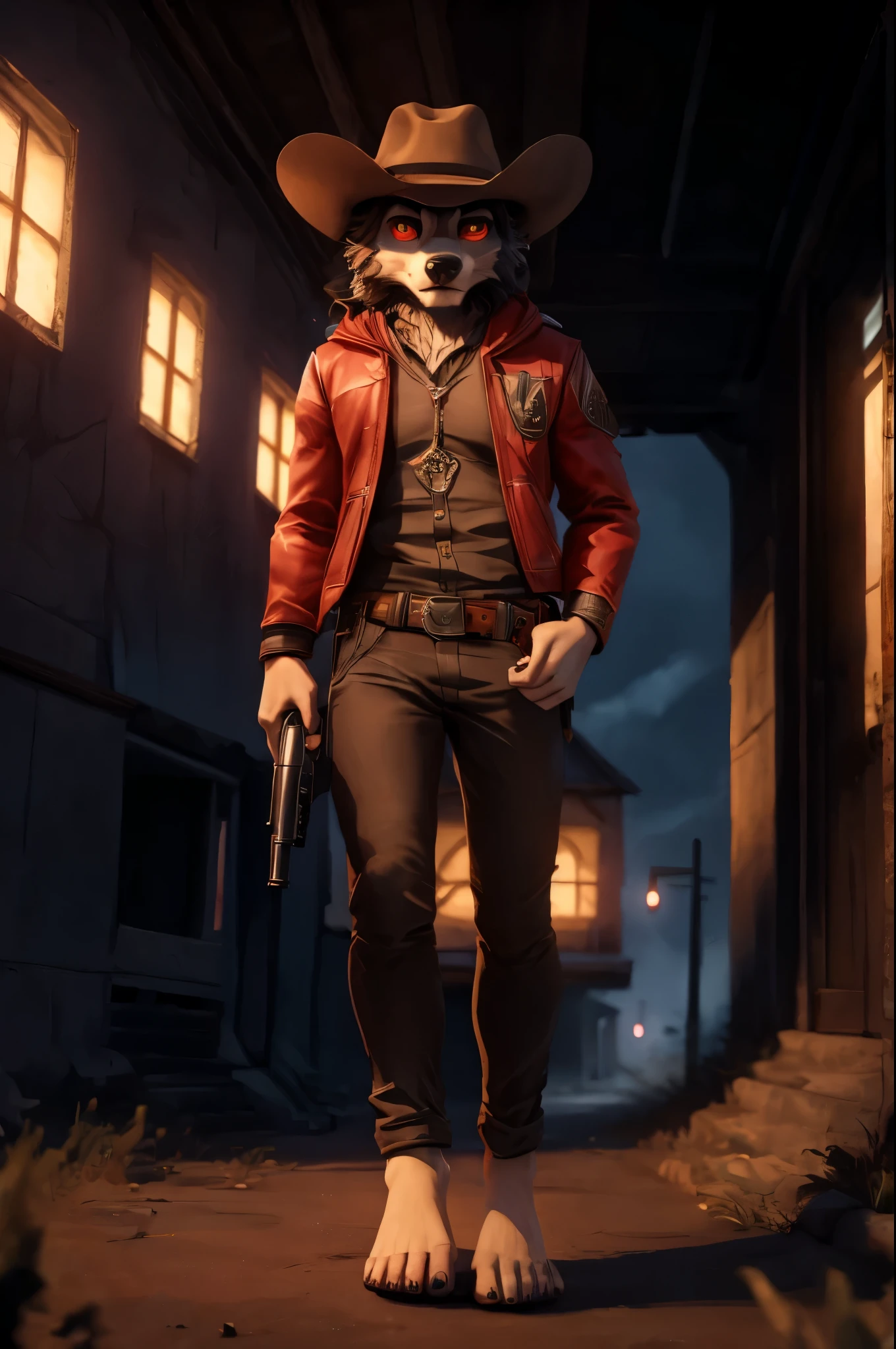 (((Barefoot furry character, full body, cinematic setting, furry male, plantigrade))) 

portrait, ((mysterious gunslinger)), ((holding smoking gun)), ((holding revolver)), long black fur, alone, strange, surreal, desolate, ghostly, eerie, lonely, solitude, short red cloak,red glowing eyes, fantastical, dangerous,night sky,red sky,  cinematic lighting, volumetric lighting, Film grain, cinematic film still, shallow depth of field, highly detailed, (western atmosphere), black cowboy hat

BREAK, intricate details, highly detailed, extreme detail, octane render, fine art, best quality, highres, (detailed face:1.5), ((full_body)), UHD, (((perfect hands))), low light