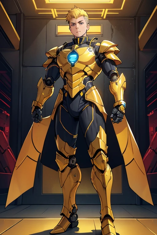 male, golden yellow body, blue eyes, robotic, robot, (((1boy))), (((golden yellow metal armor))), (black clawed cybernetic gauntlets), (black cybernetic boots)