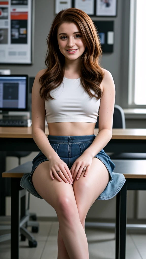RAW photo, subject, 8k uhd, dslr, soft lighting, high quality, film grain, Fujifilm XT3, A Masterpiece, real life photo, of a 30 year old english woman ((with red ginger hair and beautiful blue eyes)), ((detailed hair and skin texture)), laying on top of a desk, laid on desk, posing in a work office