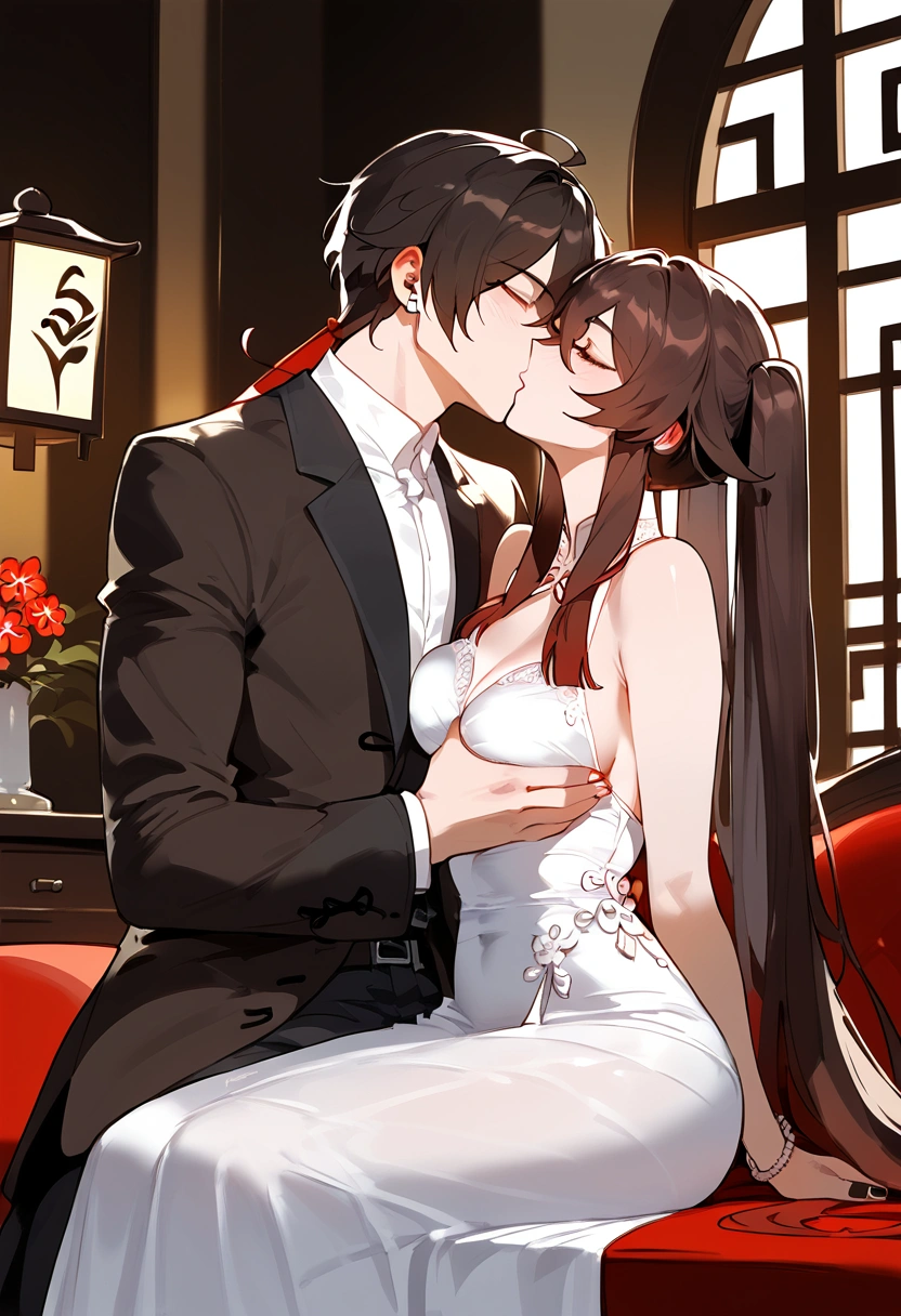 anime artwork, score_9, score_8_up, score_7_up, score_6_up, score_5_up, score_4_up, hu tao, she is 24 years old, style_3, sit,,,,,,,,,, dress, 1boy, zhongli, breast grab, they are kissing, indoors, floox style