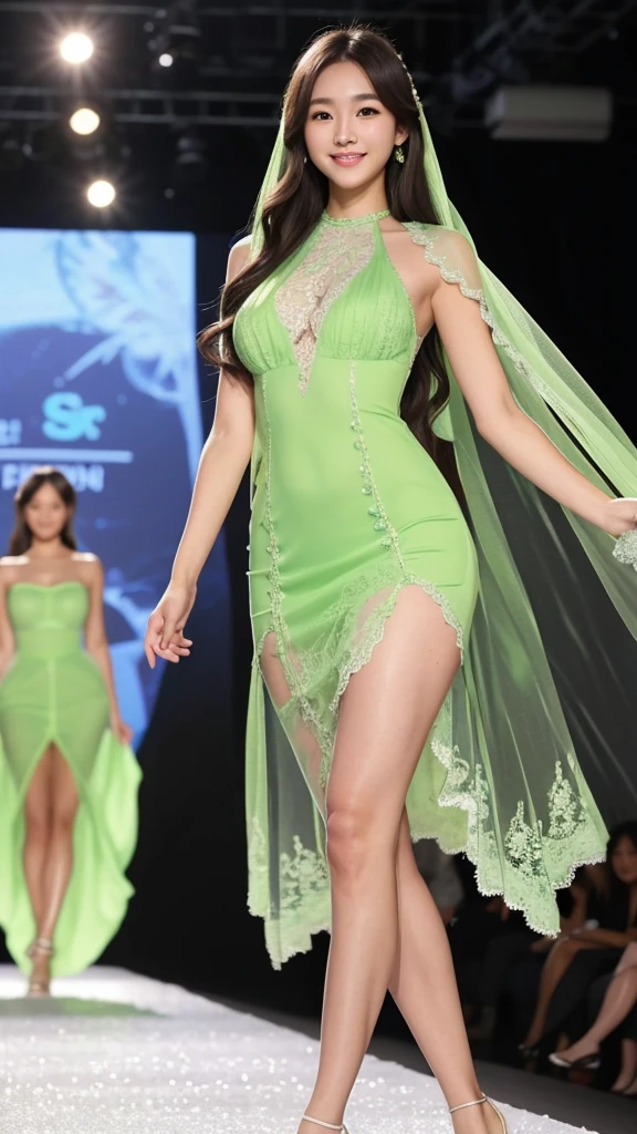 Amazingly large eyes、Smiling face、Large Bust、Slender and white skin、Long hair Japanese woman、20-year-old、Slim figure、A sexy, bright green mermaid dress with a sheer lace mini length all over.、Bright photo images、Walking towards me down the runway at a fashion show。