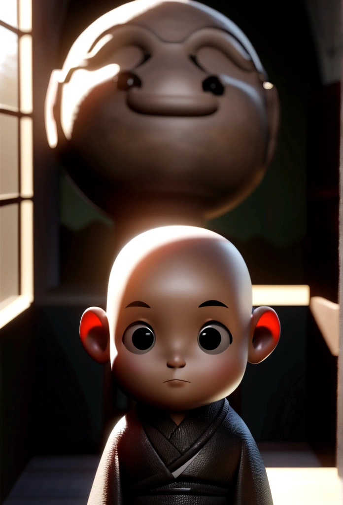 Obverse cute 3D cartoon little monk hand folded bald head