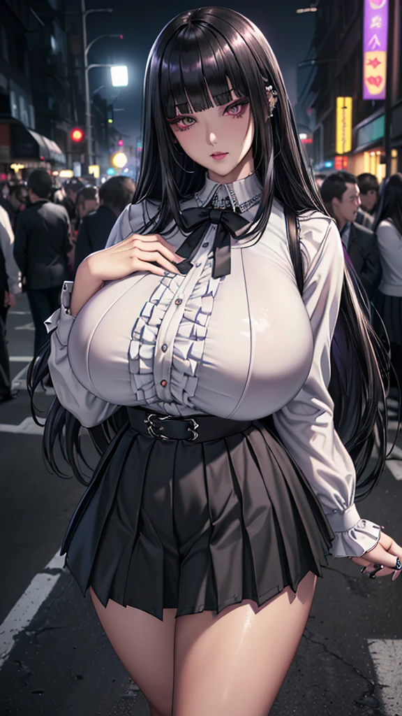 (in 16K、A high resolution、Best Quality、 masuter piece、unreal engine、amine、top-quality、From the thighs up:1.2),(Natural Skin Texture、Detailed skin、Beautiful skin、ultra sharpness),intricate detailes、Extraordinary beauty,(((gigantic breasts,voluptuous body、1 cute woman,20 to 25 years old,adult lady,Black nails,))),(an extremely cute and beautiful face:1.2),(((,big eyes,sharp eyes,eye bags,eyelash extension,pale skin,black hair,very long straight hair,jirai fashion,))),(独奏,blunt bangs,empty eyes,Expressionless,darkness,Dark atmosphere,streaked hair with violet,highlights hair:1.6)(black bolo tie,white dress shirt,Black high waist pleated skirt,Multiple rings,Silver Accessories,Multiple Piercings:1.3),(Late Night,bustling street,crowd,dim:1.5),