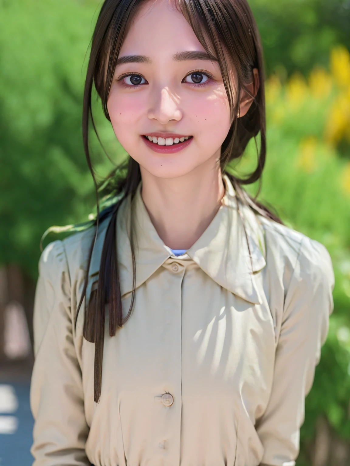 ((highest quality、8k、masterpiece:1.3)),((((upper body shot)))),Ultra-high resolution,big eyes,Japanese,forehead,bangs,(a girl),(1 girl),((************)),((cute)),pretty,((facing at viewer)),(long hair),grin