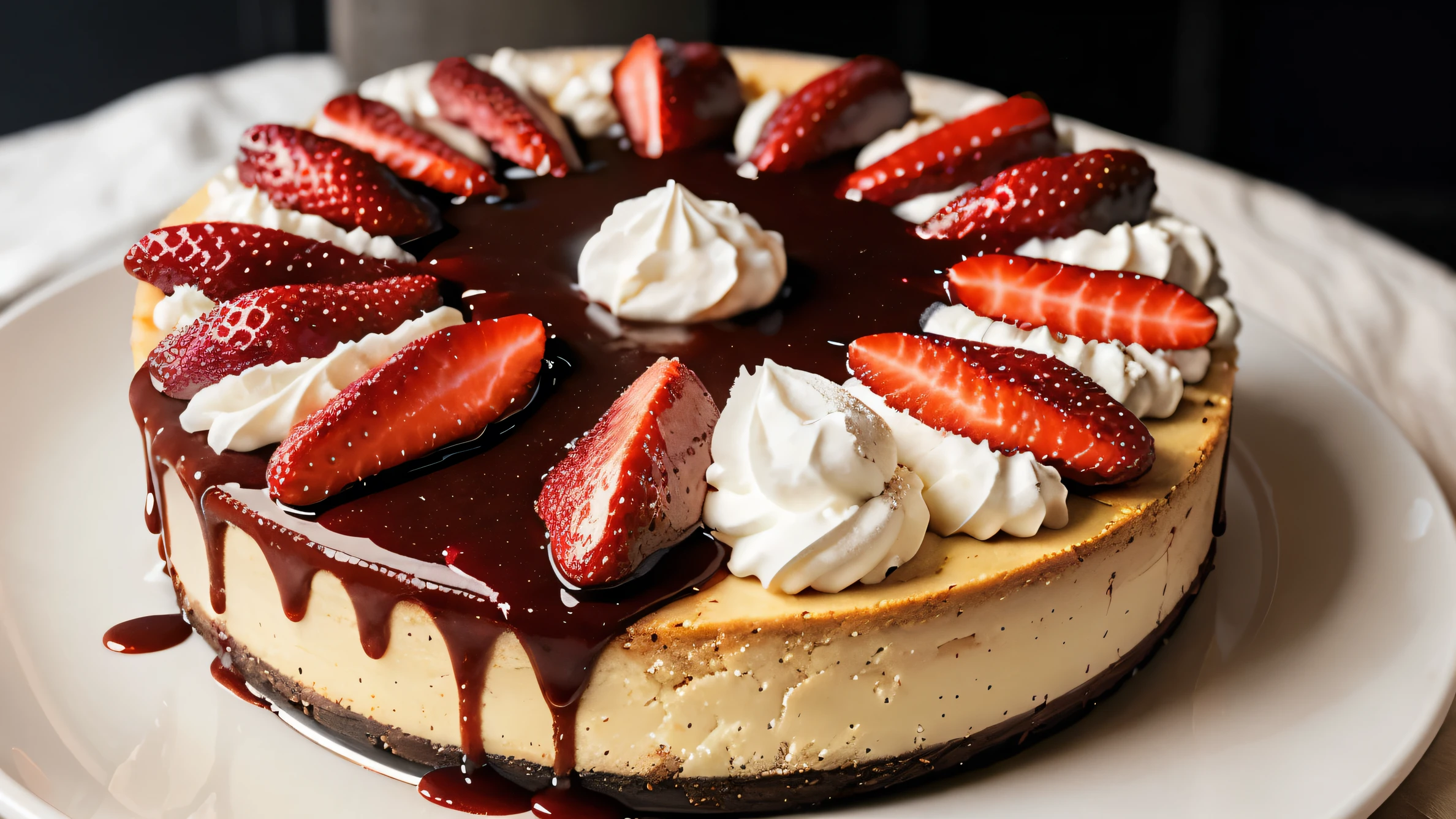 photorealistic image, trending on Pinterest, New York-style cheesecake adorned with a generous layer of strawberry compote and a dusting of powdered sugar