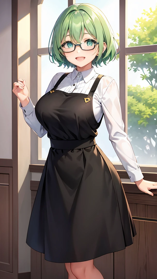 Girl with short green hair, Small size breasts,、Green Eyes, 、,Full body photo from head to toe、OL、office、、A big smile、Uplifting、The best smile、Introducing customers、Clerical work、Stylish Glasses