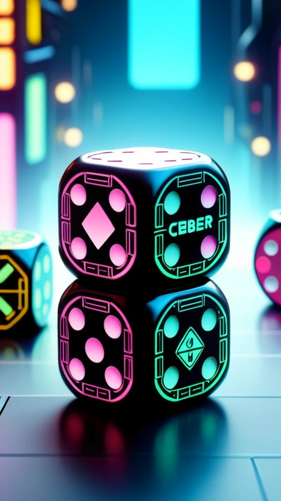 CyberpunkWorld Dice, cyberpunk, sci-fi, tech, 24mm, (analog, cinematic, film grain:1.3), Bokeh DOF, (Masterpiece:1.3) (best quality:1.2) (high quality:1.1)