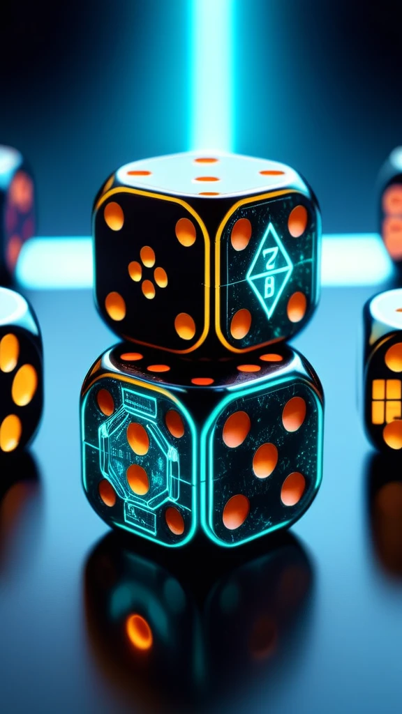 CyberpunkWorld Dice, cyberpunk, sci-fi, tech, 24mm, (analog, cinematic, film grain:1.3), Bokeh DOF, (Masterpiece:1.3) (best quality:1.2) (high quality:1.1)