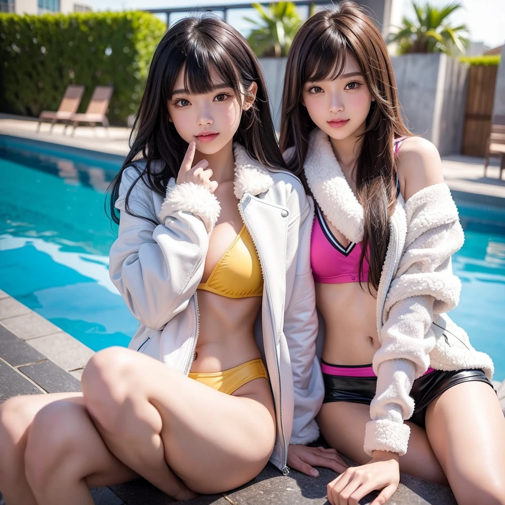 middle School girls,smile,Multiple girls,Beautiful girls,Horny girl,Best Quality,Perfect Girl,Super cute girl,Group photo,Swimwear,bikini,leather jacket,Pool,fur jacket,Long Hair、She has her bangs down,Multi-colored hair,Ultra HD,Young girl,Sex,Naughty Girls,Blowjob,Full body image,Absurd,Beautiful girls,