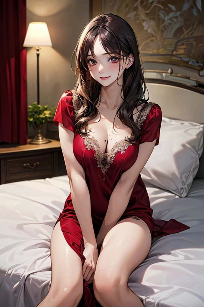 ((((Perfect Anatomy, Very detailed肌)))), 1 Girl, Japanese, , Shiny skin, Large Breasts:0.5, Take in the view, 
Beautiful Hair, Beautiful Face, Beautiful attention to detail, (Long Hair:1.4), 
Beautiful clavicle, Beautiful body, Beautiful breasts, Beautiful thighs, Beautiful feet, Baby Face, M the eye, Captivating arms, Captivating thighs, 
((Red nightgown)), 
(smile), Sitting bed, 
(Beautiful views), Bedroom, 
(8K, Highest quality, Masterpiece​:1.2, Very detailed), (Realistic), Beautiful illustrations, Cinema Lighting,