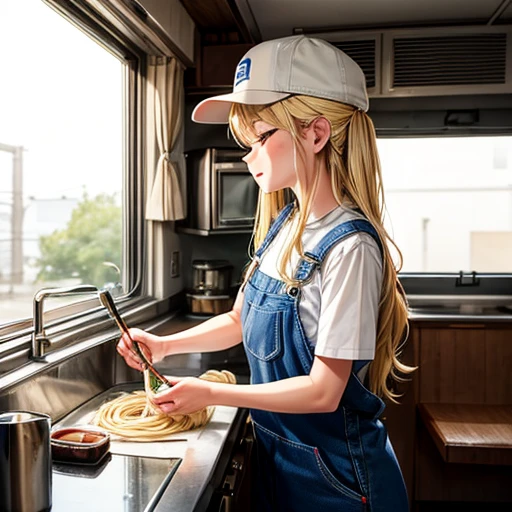 A woman making udon noodles in a kitchen car　Eyes closed　Overalls　Blonde　　Wearing a cap