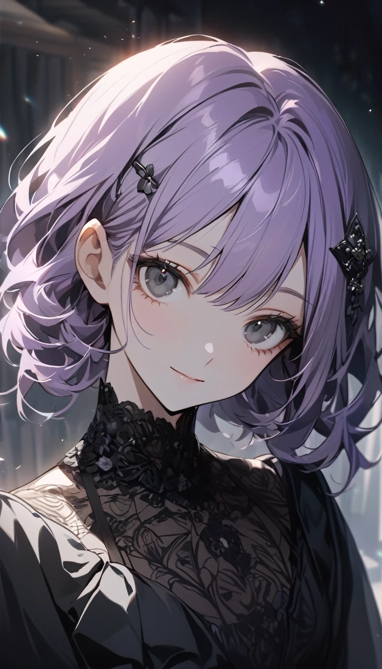 (Cute a girl:1.5), (a girl with closs hair pin,pale purple hair,bluntbangs hair,green and black eyes, Expressionless, black wedding dress, portrait, look at viewer:1.4), (masterpiece:1.3), anime visual, (Lovey-dovey:1.5), (tilt head:1.3), extremely delicate face, soft clean focus, realistic lighting and shading, (an extremely delicate and beautiful art:1.3), elegant, (muted colors:1.1), a girl is trying to put on a smiling white mask,
