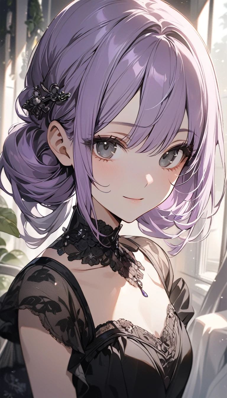 (Cute a girl:1.5), (a girl with closs hair pin,pale purple hair,bluntbangs hair,green and black eyes, Expressionless, black wedding dress, portrait, look at viewer:1.4), (masterpiece:1.3), anime visual, (Lovey-dovey:1.5), (tilt head:1.3), extremely delicate face, soft clean focus, realistic lighting and shading, (an extremely delicate and beautiful art:1.3), elegant, (muted colors:1.1), a girl is trying to put on a smiling white mask,
