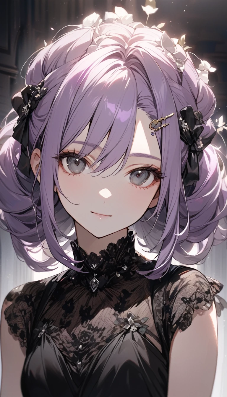 (Cute a girl:1.5), (a girl with closs hair pin,pale purple hair,bluntbangs hair,green and black eyes, Expressionless, black wedding dress, portrait, look at viewer:1.4), (masterpiece:1.3), anime visual, (Lovey-dovey:1.5), (tilt head:1.3), extremely delicate face, soft clean focus, realistic lighting and shading, (an extremely delicate and beautiful art:1.3), elegant, (muted colors:1.1), a girl is trying to put on a smiling white mask,