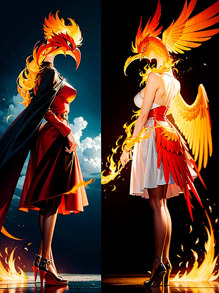 Flame bird and a woman side by side