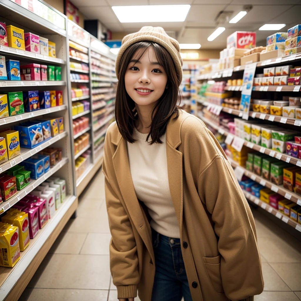 1. A young woman wearing a brown jacket and a beige hat.

2. She looks into the camera with a friendly smile.

3. The background is the interior of a Japanese convenience store, with bright, colorful shelves lined with products.

4. The camera angle is a wide fisheye lens, with the woman leaning forward.

Style:

• Casual

• Bright and fun

• High resolution

• hyper Realistic textures

Additional details:

• The woman has a shoulder-length bob haircut.

• The store is brightly lit, with pop signs and products in the background.