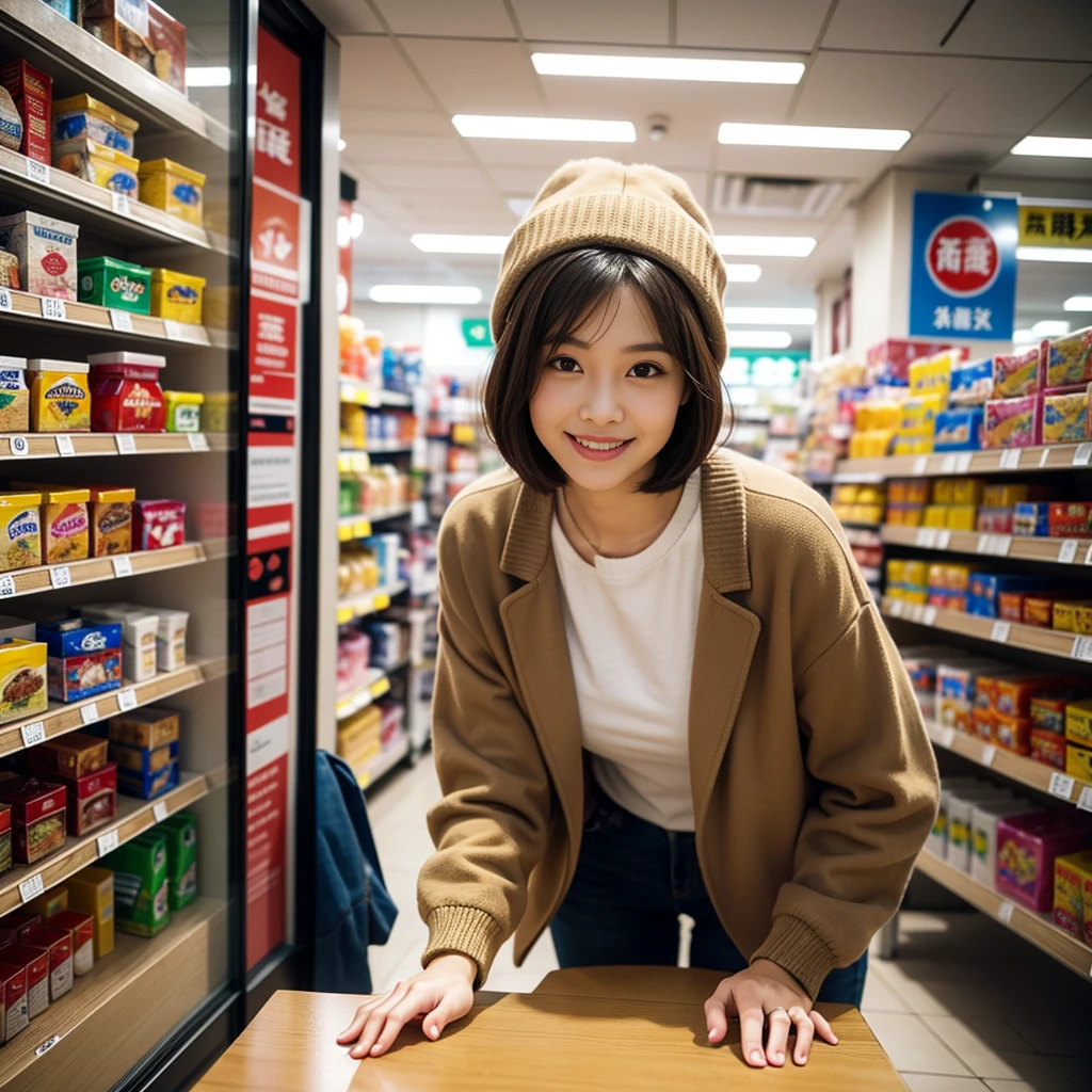 1. A young woman wearing a brown jacket and a beige hat.

2. She looks into the camera with a friendly smile.

3. The background is the interior of a Japanese convenience store, with bright, colorful shelves lined with products.

4. The camera angle is a wide fisheye lens, with the woman leaning forward.

Style:

• Casual

• Bright and fun

• High resolution

• hyper Realistic textures

Additional details:

• The woman has a shoulder-length bob haircut.

• The store is brightly lit, with pop signs and products in the background.