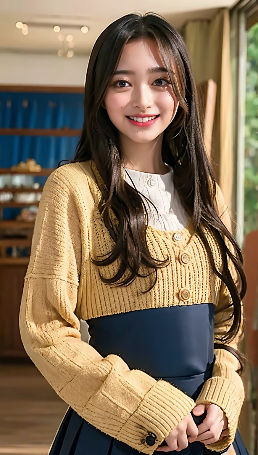 ((highest quality、8k、masterpiece:1.3)),((((cowboy shot)))),Ultra-high resolution,big eyes,Japanese,forehead,bangs,(a girl),(1 girl),((16 years old)),((cute)),pretty,((facing at viewer)),(long hair),((black sailor uniform)),grin,standing