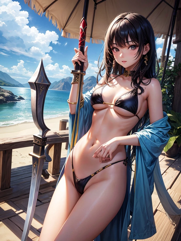 Beautiful Asian girl, 18 years old, bikini knight girls, sexy lady, medium breasts, camel toe, long sword,