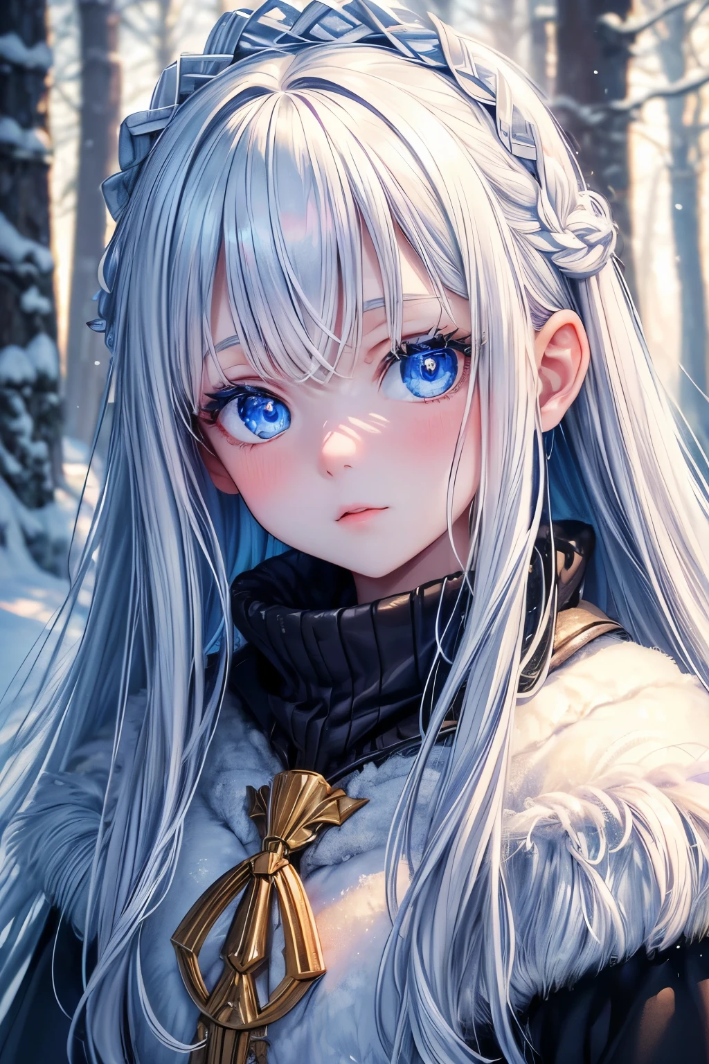 portrait, high quality, Ukrainian girl fairy winter snow in the woods through the trees About 10 yea eyes, Smooth skin, ((best quality, 8K, masterpiece :1.3)), 1 girl, pretty girl , casual wear :1.2, in the woods, Ultra-detailed face, delicate eyes, double eyelids