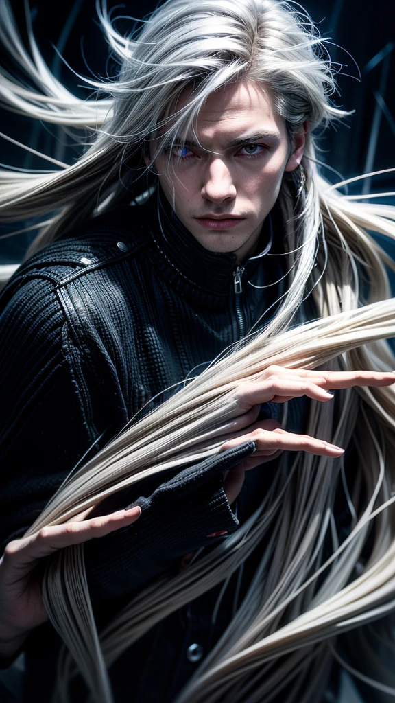 Solo boy, cool pose, white hair, red eyes, glowing eyes, black coat, rain, night, purple particle, Ultra realistic, hyper realistic, detailed lighting, UHD, detailed face, edge lighting, Masterpiece, highest quality, high resolution, detail maniac, high definition, high quality, detailed face, detailed body limbs, detailed five fingers
