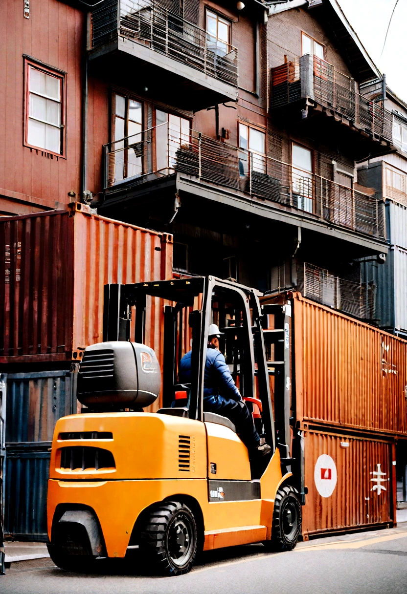 A forklift is parked in front of the building, photo taken in 2018, shipping containers, high quality photo, 


