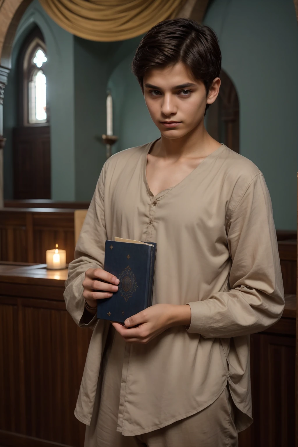 A beautiful young male twink with black hair wearing a medieval gothic cotton and linen shirt, long sleeves with ties, a V-neck, aquamarine color, and brown cotton pants. He is in the religious prayer mosque and has the Holy Quran in his hand and he looks on proudly.