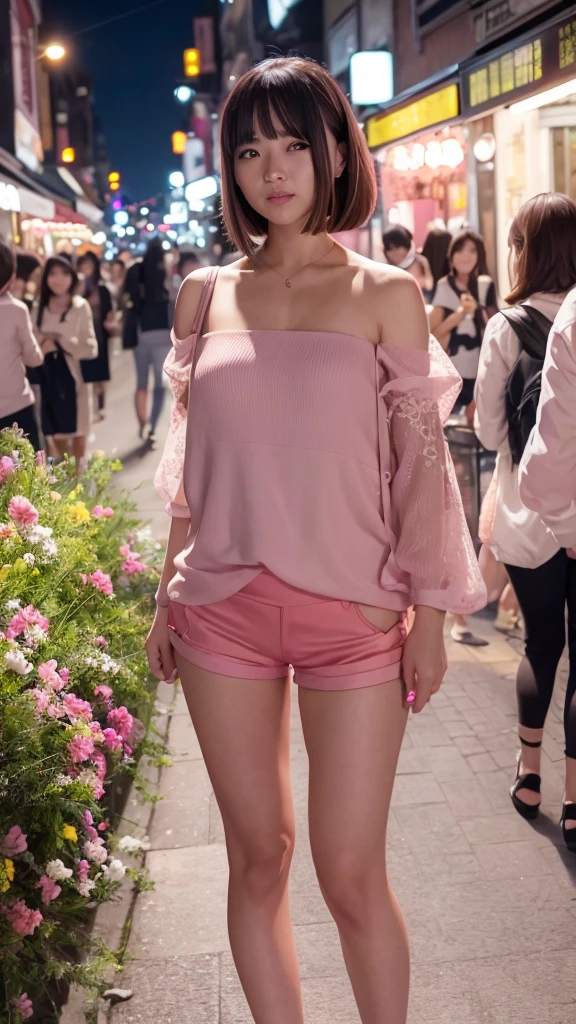 Beautiful woman, Lighted street at night, Fidgeting with smartphones, hot pants, Fragrant pink flowers, Passersby, Night view gradation, Fine details, Subtle Tones, Silence on the screen.